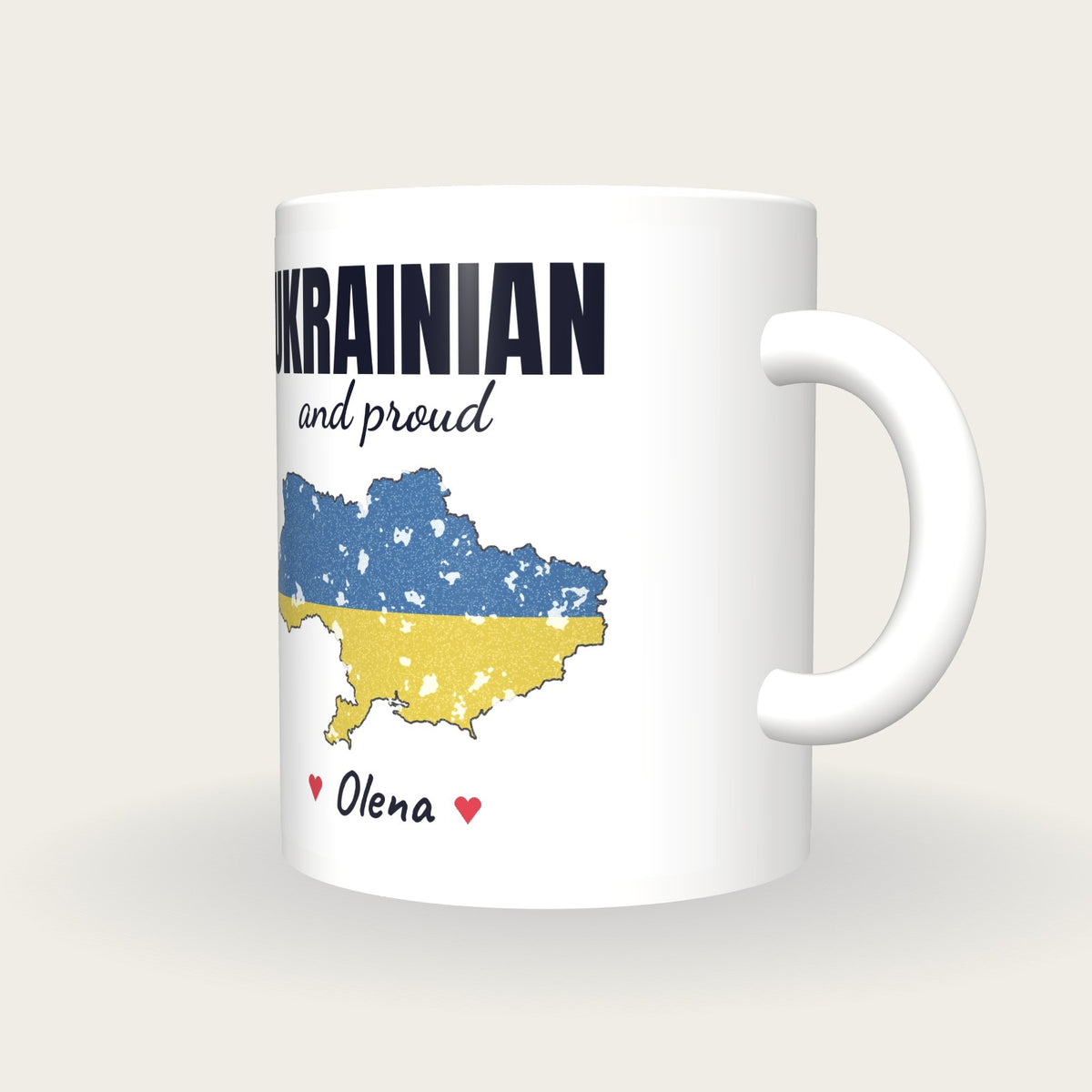 Personalised Ukraine Map Mug, Ukrainian And Proud, three-quarter view