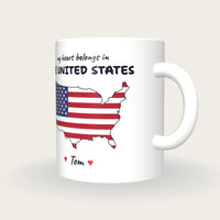 Personalised United States Map Mug, My Heart Belongs In The United States, three-quarter view
