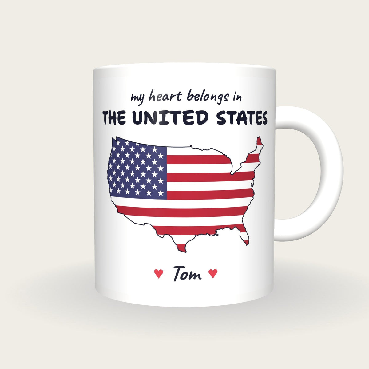 Personalised United States Map Mug, My Heart Belongs In The United States, front