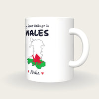 Personalised Wales Map Mug, My Heart Belongs In Wales, three-quarter view
