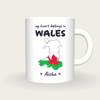 Personalised Wales Map Mug, My Heart Belongs In Wales, front
