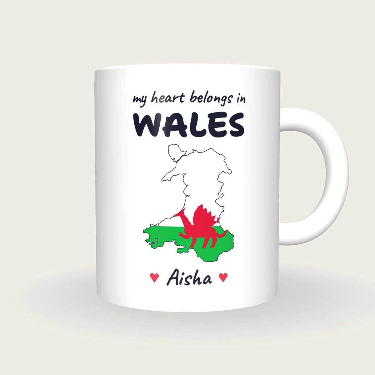 Personalised Wales Map Mug, My Heart Belongs In Wales, front