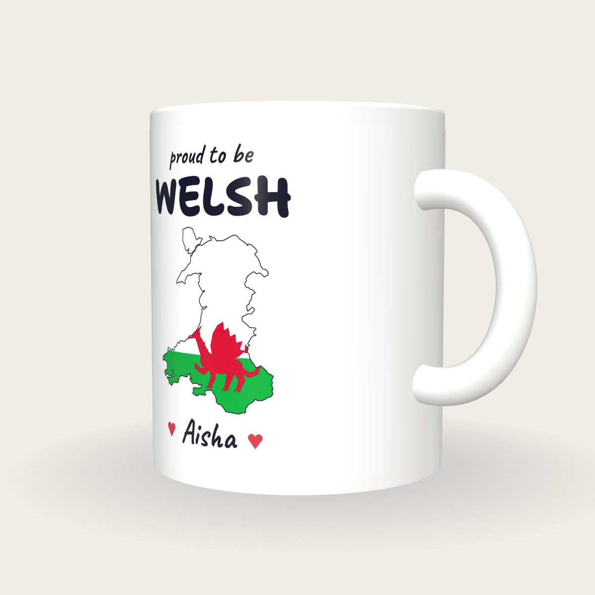 Personalised Wales Map Mug, Proud To Be Welsh, three-quarter view
