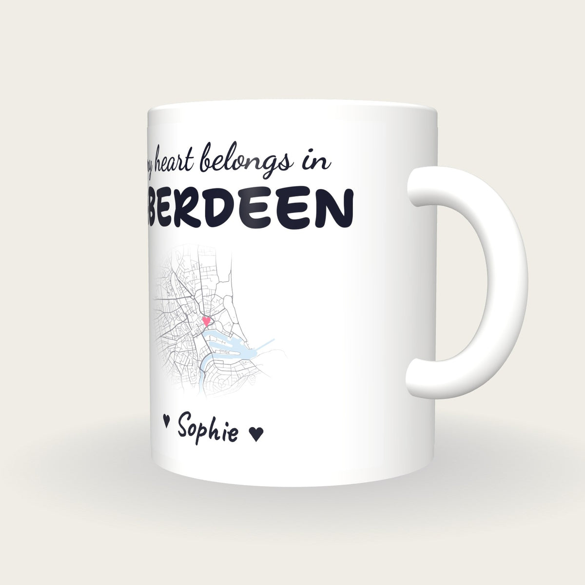 Personalised Aberdeen Map Mug, My Heart Belongs In Aberdeen, three-quarter view