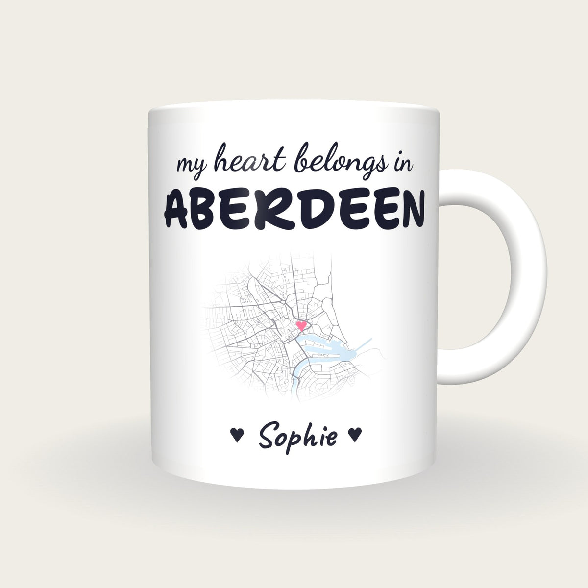 Personalised Aberdeen Map Mug, My Heart Belongs In Aberdeen, front