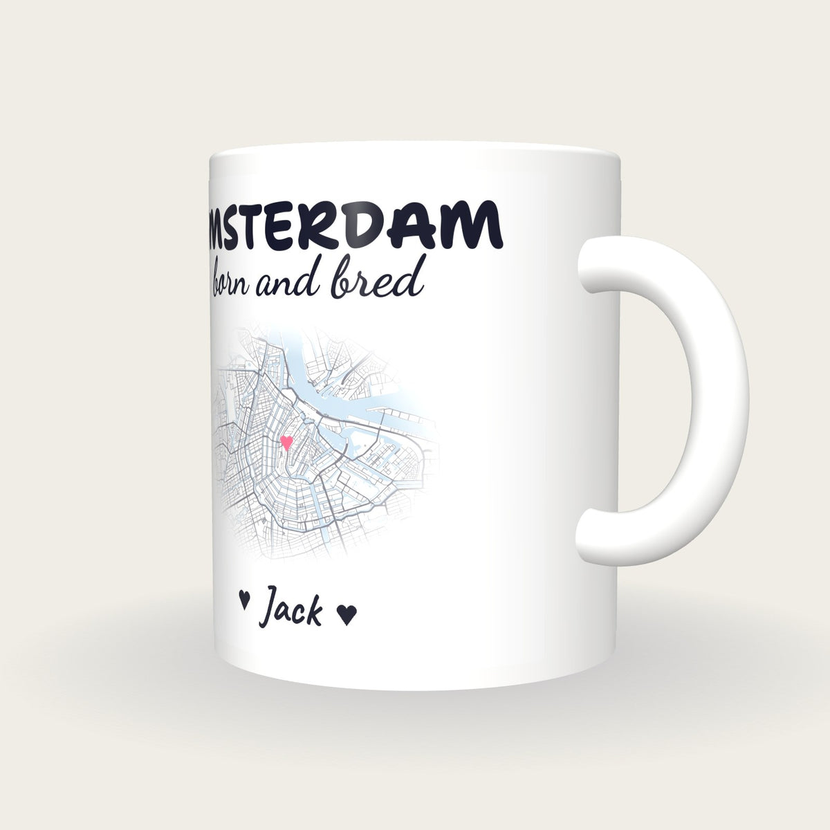 Personalised Amsterdam Map Mug, Amsterdam Born And Bred, three-quarter view