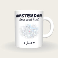 Personalised Amsterdam Map Mug, Amsterdam Born And Bred, front