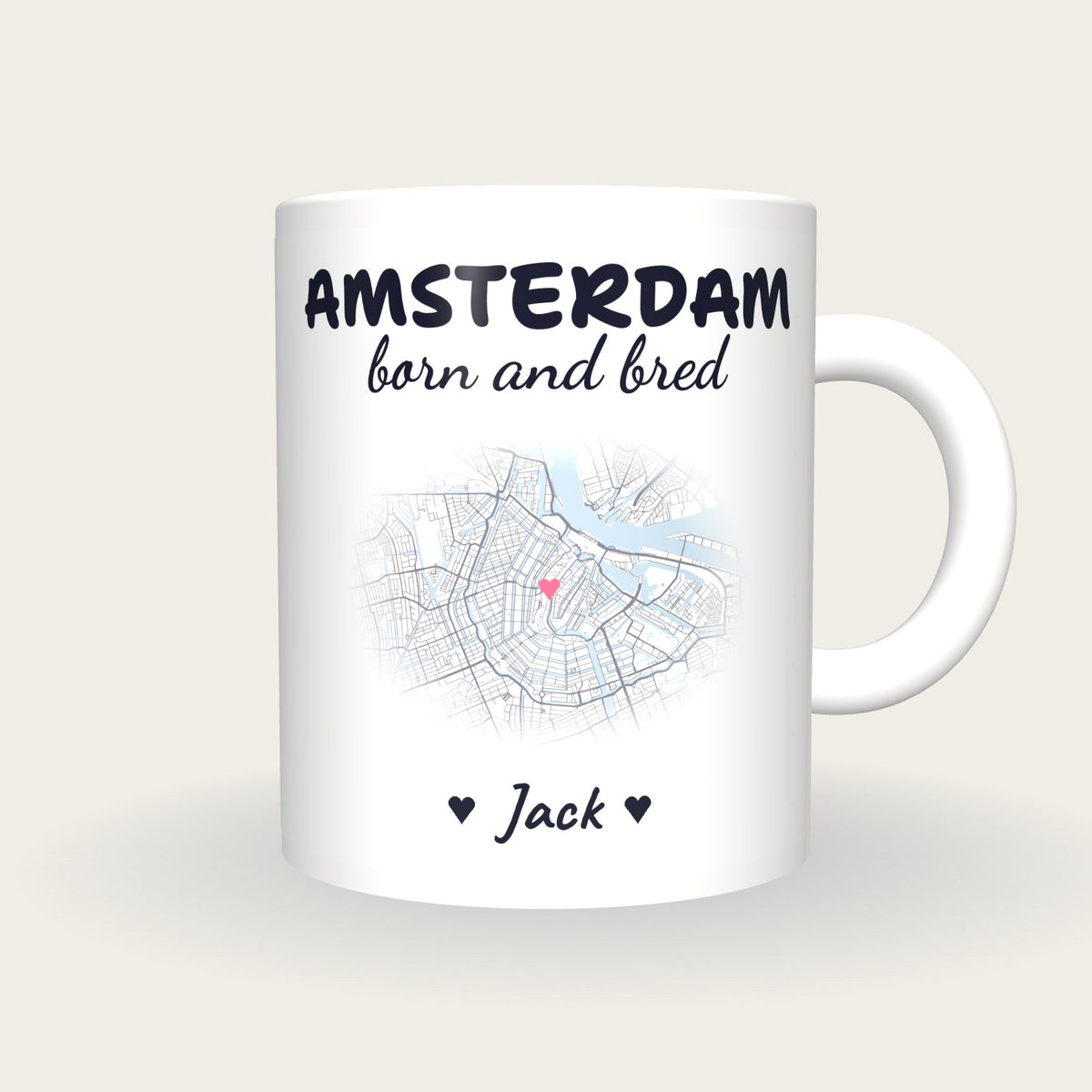Personalised Amsterdam Map Mug, Amsterdam Born And Bred, front