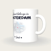 Personalised Amsterdam Map Mug, My Heart Belongs In Amsterdam, three-quarter view