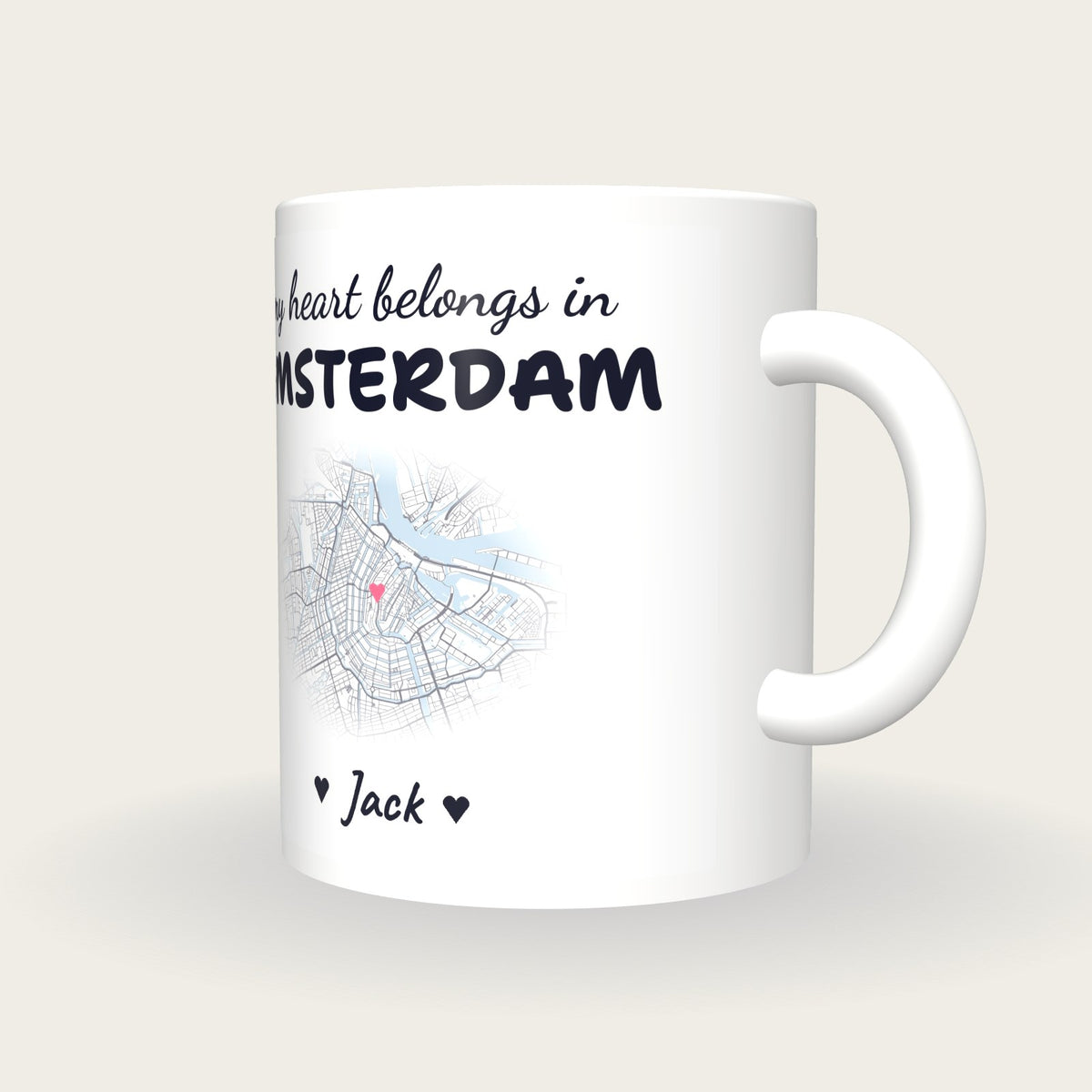 Personalised Amsterdam Map Mug, My Heart Belongs In Amsterdam, three-quarter view
