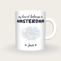 Personalised Amsterdam Map Mug, My Heart Belongs In Amsterdam, front