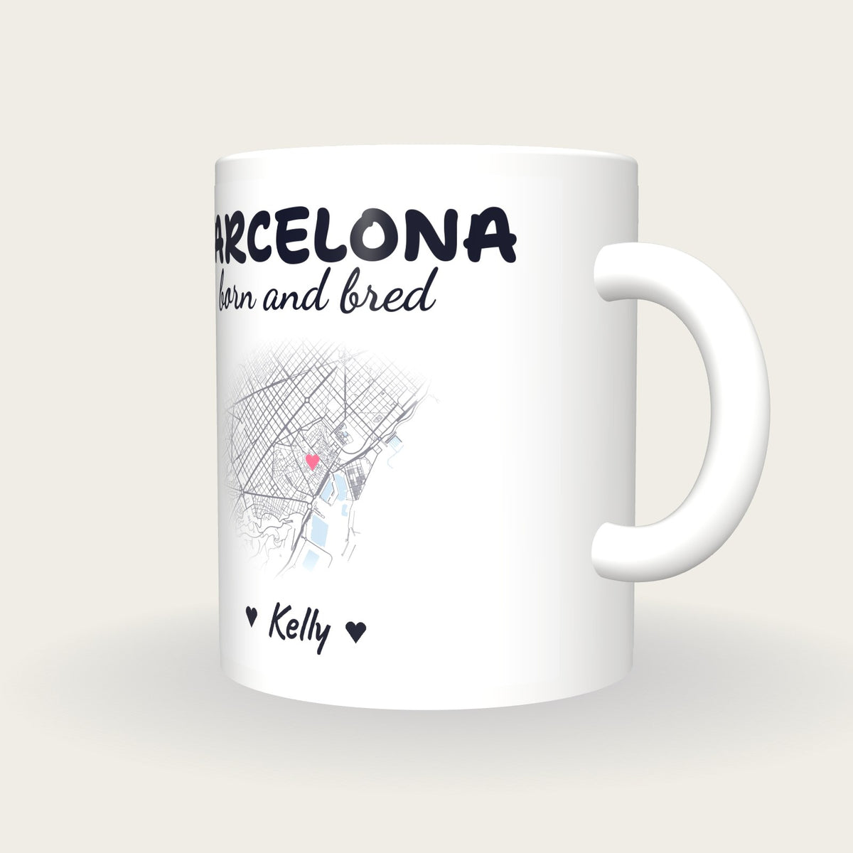 Personalised Barcelona Map Mug, Barcelona Born And Bred, three-quarter view