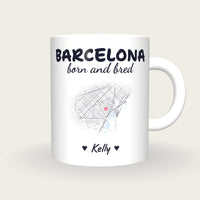 Personalised Barcelona Map Mug, Barcelona Born And Bred, front