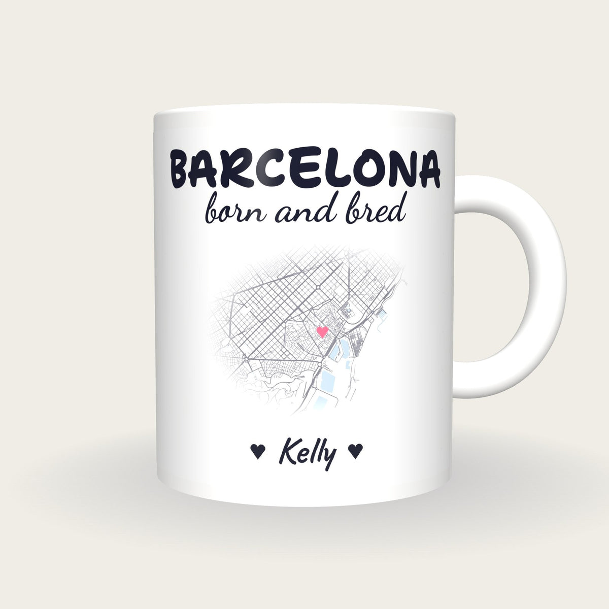 Personalised Barcelona Map Mug, Barcelona Born And Bred, front