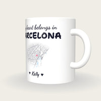 Personalised Barcelona Map Mug, My Heart Belongs In Barcelona, three-quarter view