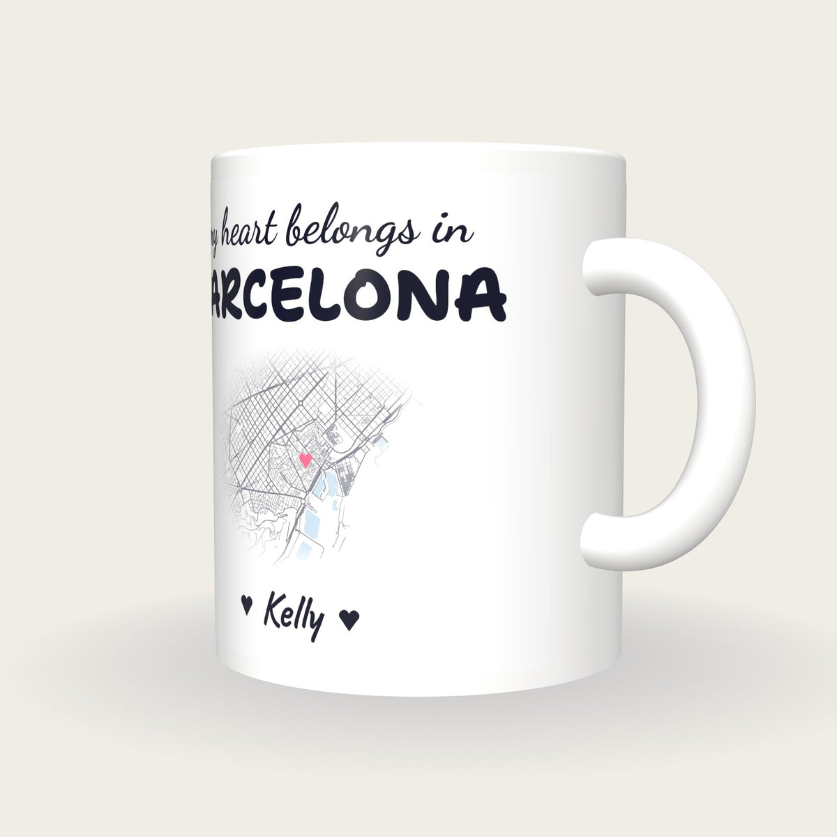 Personalised Barcelona Map Mug, My Heart Belongs In Barcelona, three-quarter view