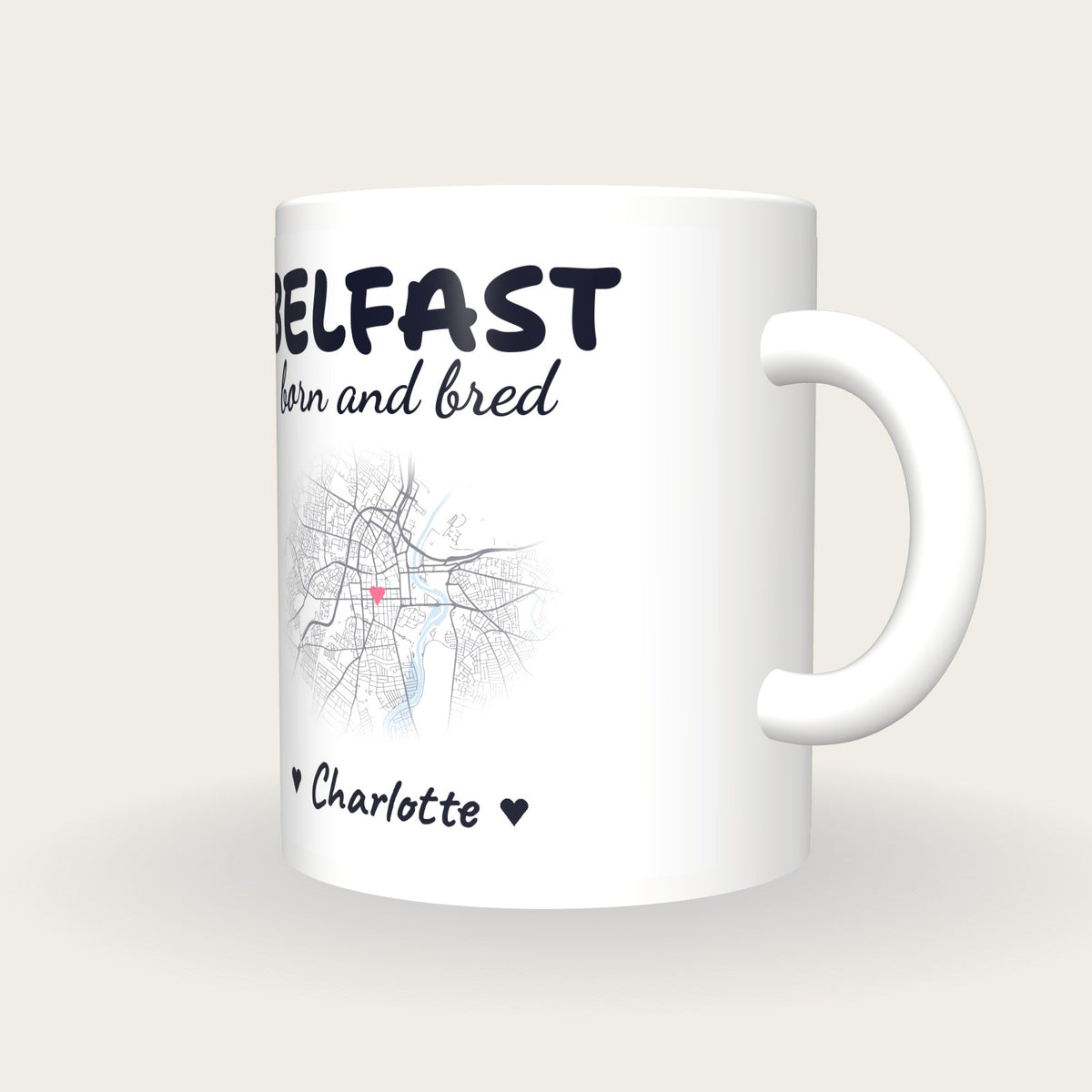 Personalised Belfast Map Mug, Belfast Born And Bred, three-quarter view