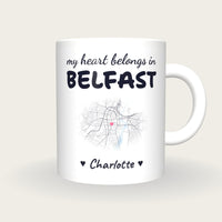 Personalised Belfast Map Mug, My Heart Belongs In Belfast, front