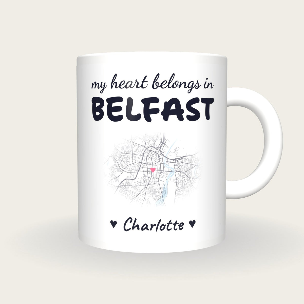 Personalised Belfast Map Mug, My Heart Belongs In Belfast, front
