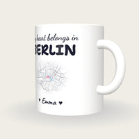 Personalised Berlin Map Mug, My Heart Belongs In Berlin, three-quarter view