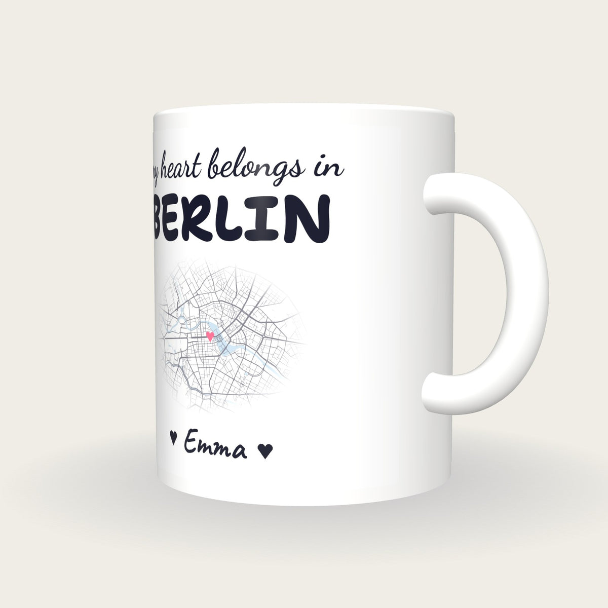 Personalised Berlin Map Mug, My Heart Belongs In Berlin, three-quarter view