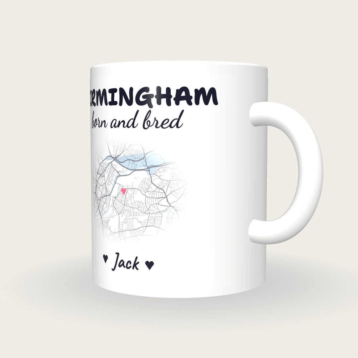 Personalised Birmingham Map Mug, Birmingham Born And Bred, three-quarter view