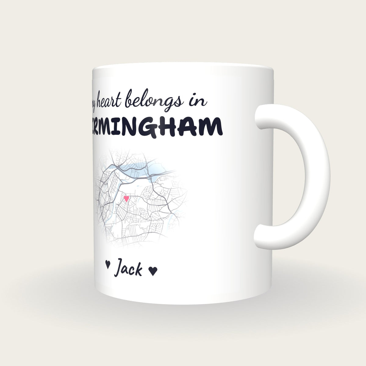 Personalised Birmingham Map Mug, My Heart Belongs In Birmingham, three-quarter view