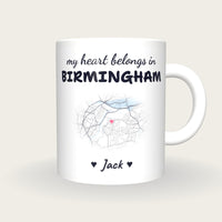 Personalised Birmingham Map Mug, My Heart Belongs In Birmingham, front