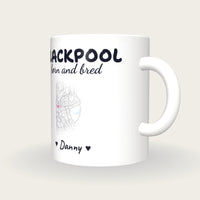 Personalised Blackpool Map Mug, Blackpool Born And Bred, three-quarter view