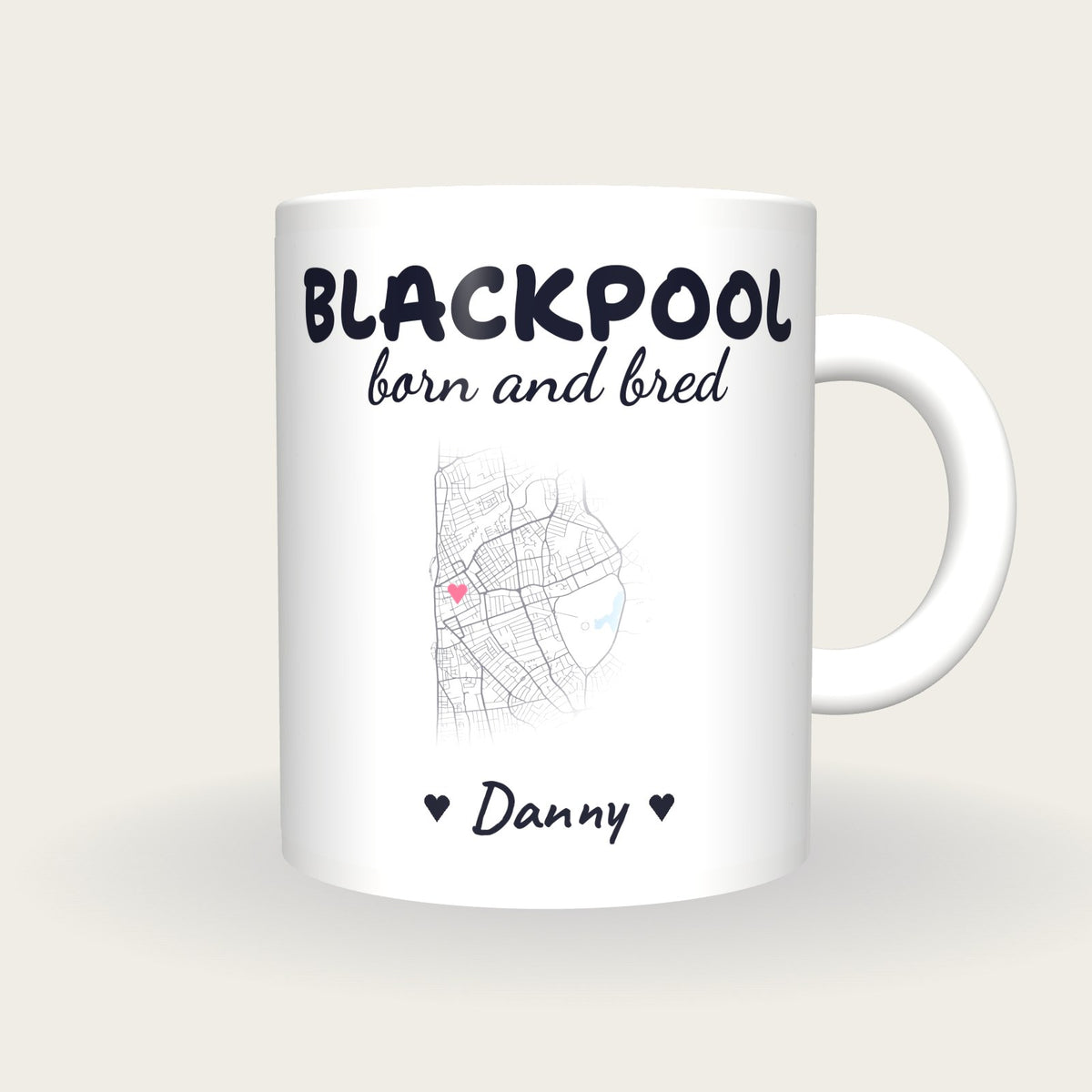 Personalised Blackpool Map Mug, Blackpool Born And Bred, front