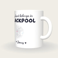 Personalised Blackpool Map Mug, My Heart Belongs In Blackpool, three-quarter view