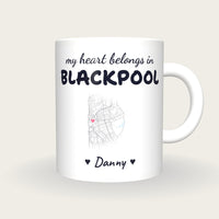 Personalised Blackpool Map Mug, My Heart Belongs In Blackpool, front