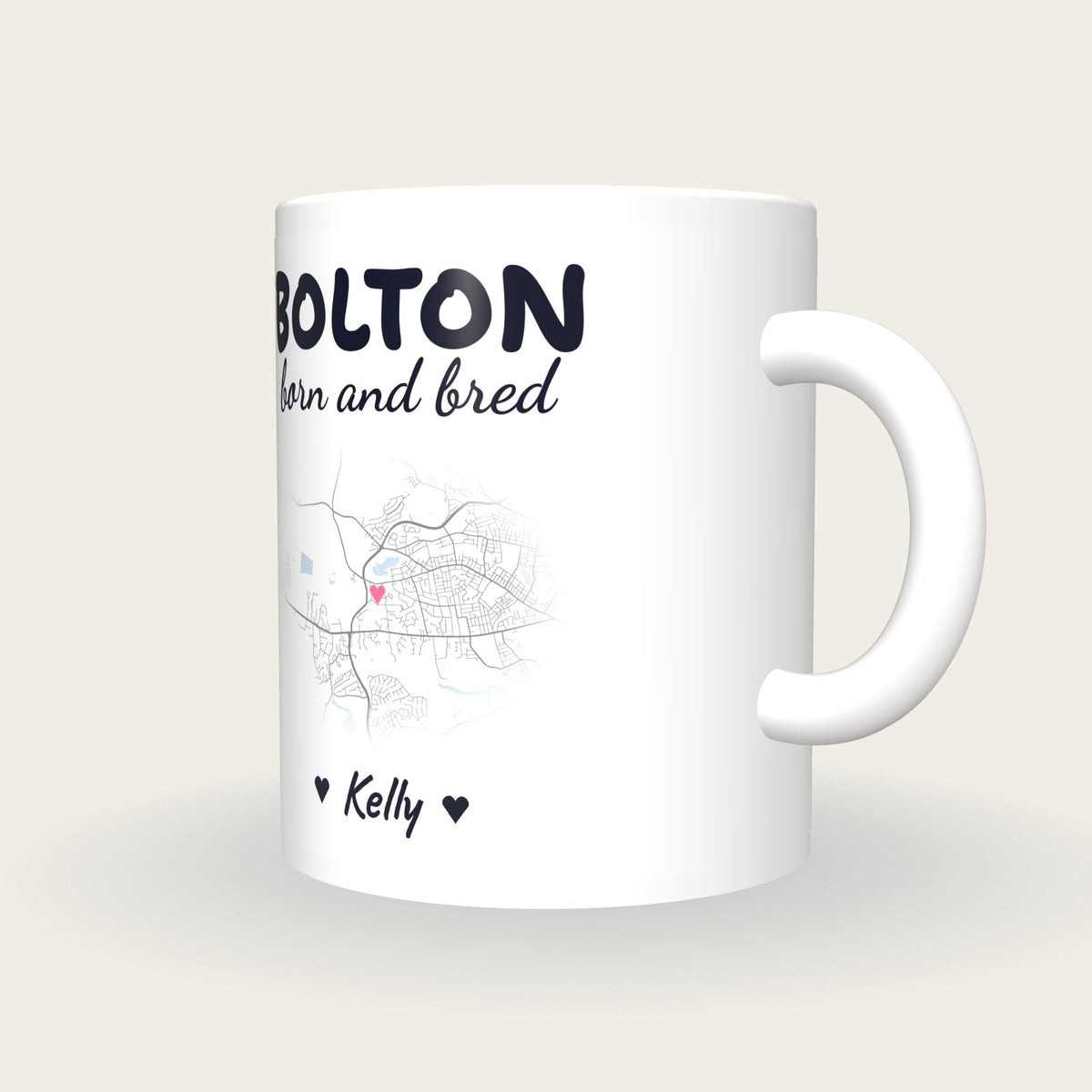 Personalised Bolton Map Mug, Bolton Born And Bred, three-quarter view