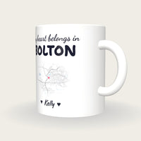 Personalised Bolton Map Mug, My Heart Belongs In Bolton, three-quarter view