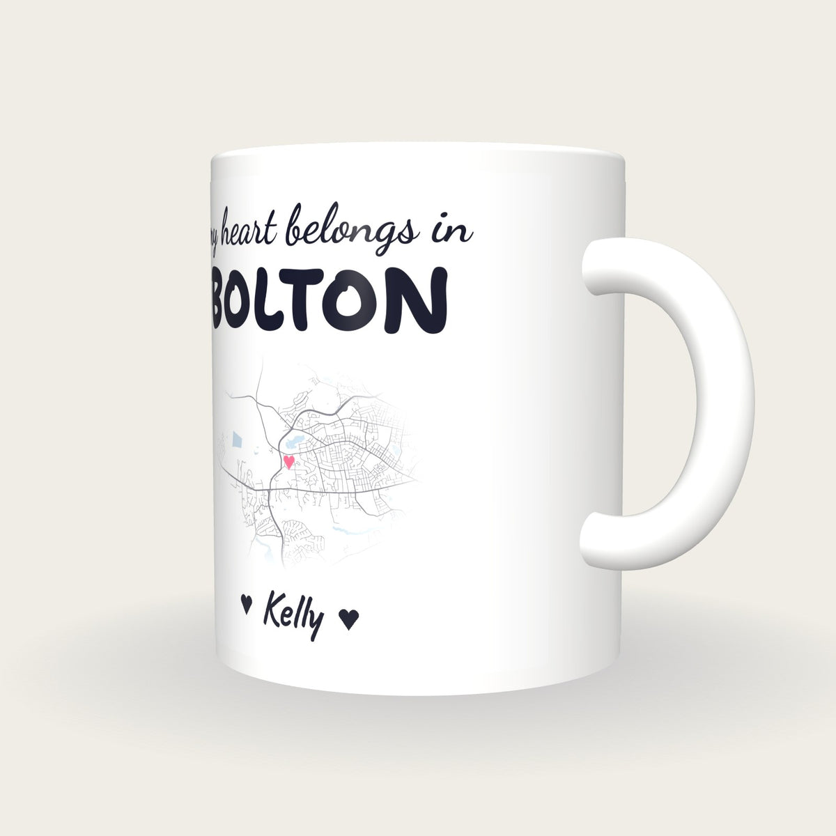 Personalised Bolton Map Mug, My Heart Belongs In Bolton, three-quarter view