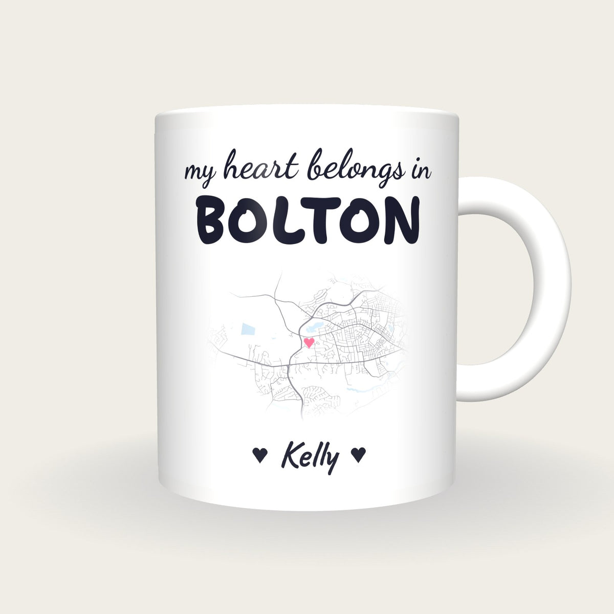 Personalised Bolton Map Mug, My Heart Belongs In Bolton, front