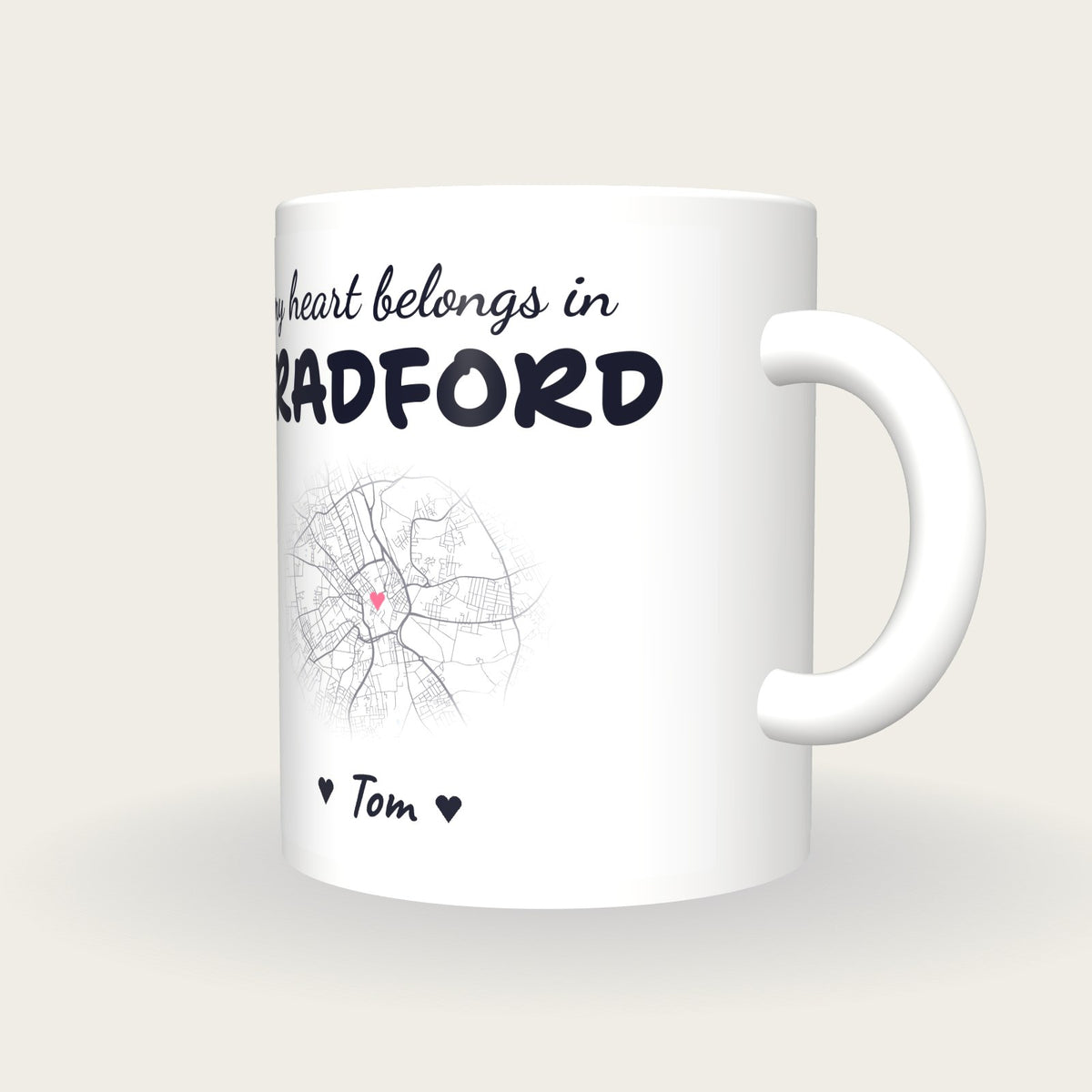 Personalised Bradford Map Mug, My Heart Belongs In Bradford, three-quarter view