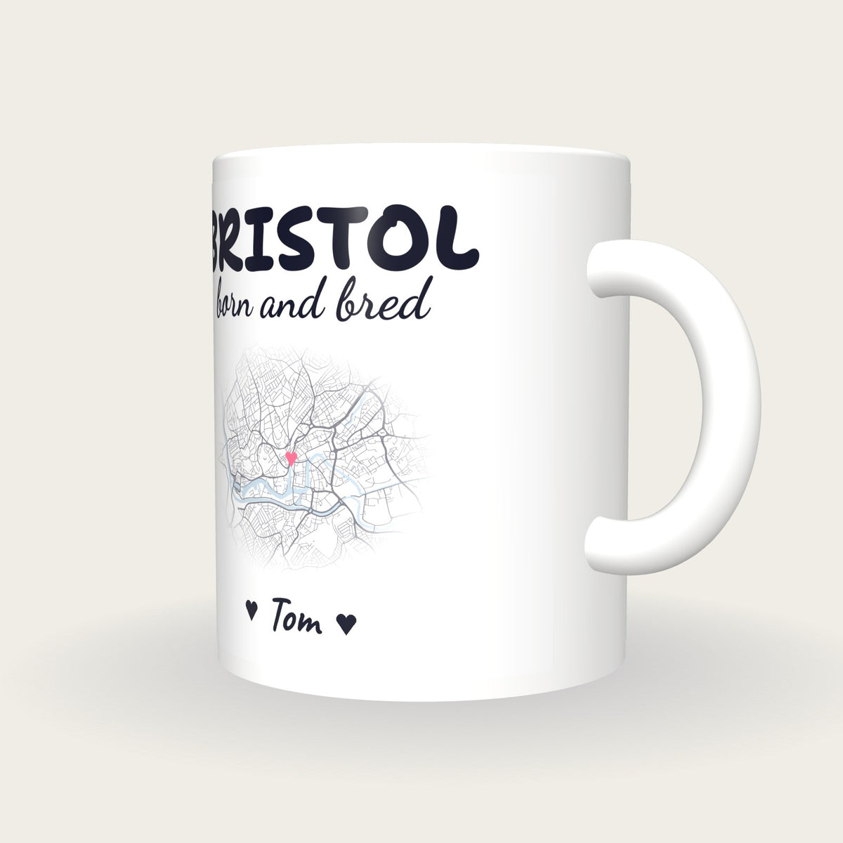 Personalised Bristol Map Mug, Bristol Born And Bred, three-quarter view