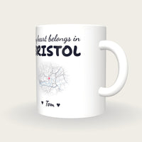 Personalised Bristol Map Mug, My Heart Belongs In Bristol, three-quarter view