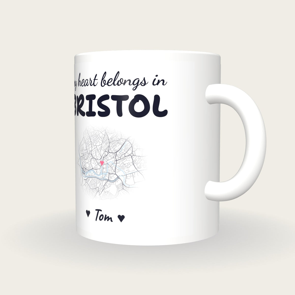 Personalised Bristol Map Mug, My Heart Belongs In Bristol, three-quarter view