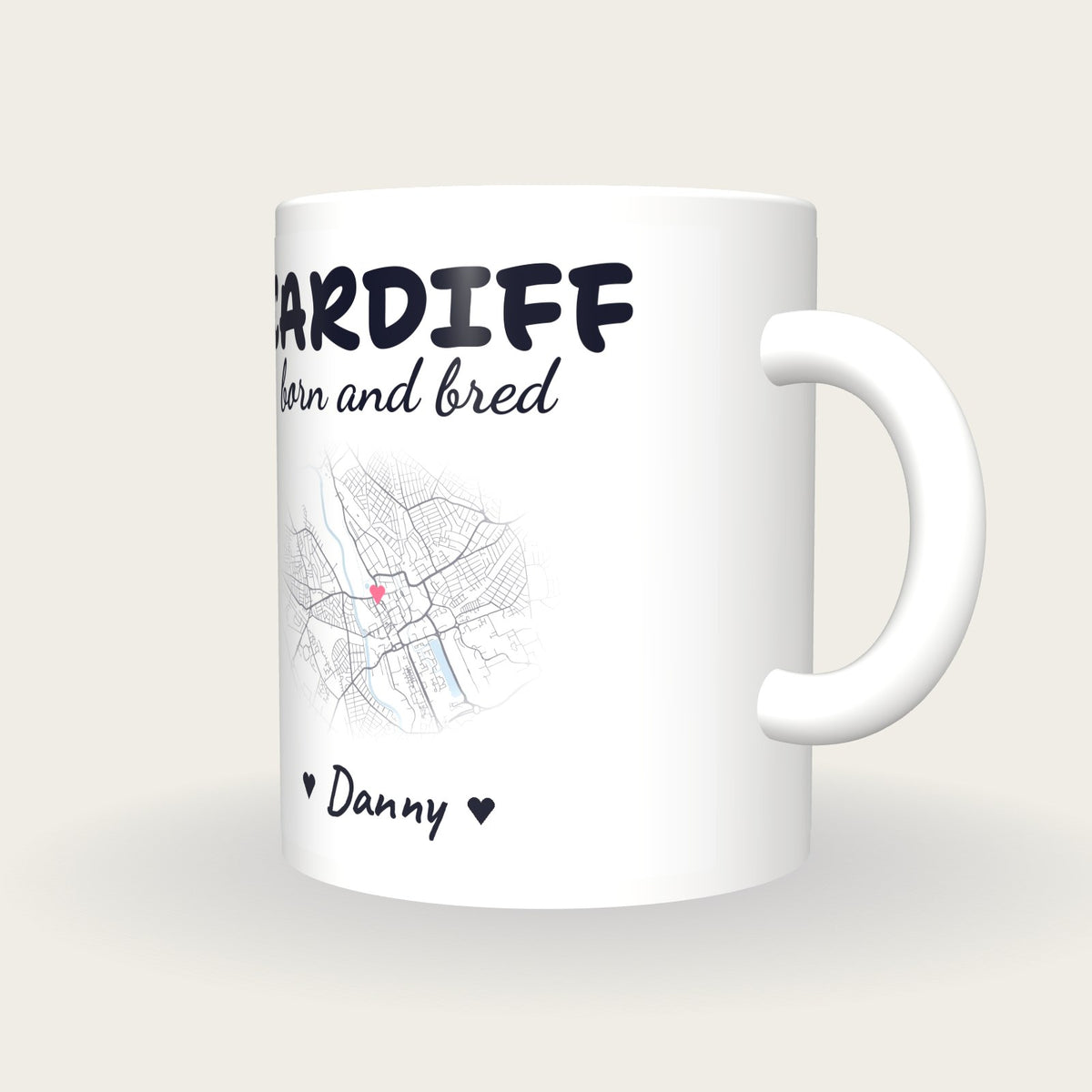 Personalised Cardiff Map Mug, Cardiff Born And Bred, three-quarter view