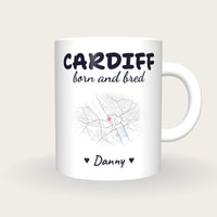 Personalised Cardiff Map Mug, Cardiff Born And Bred, front