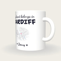 Personalised Cardiff Map Mug, My Heart Belongs In Cardiff, three-quarter view