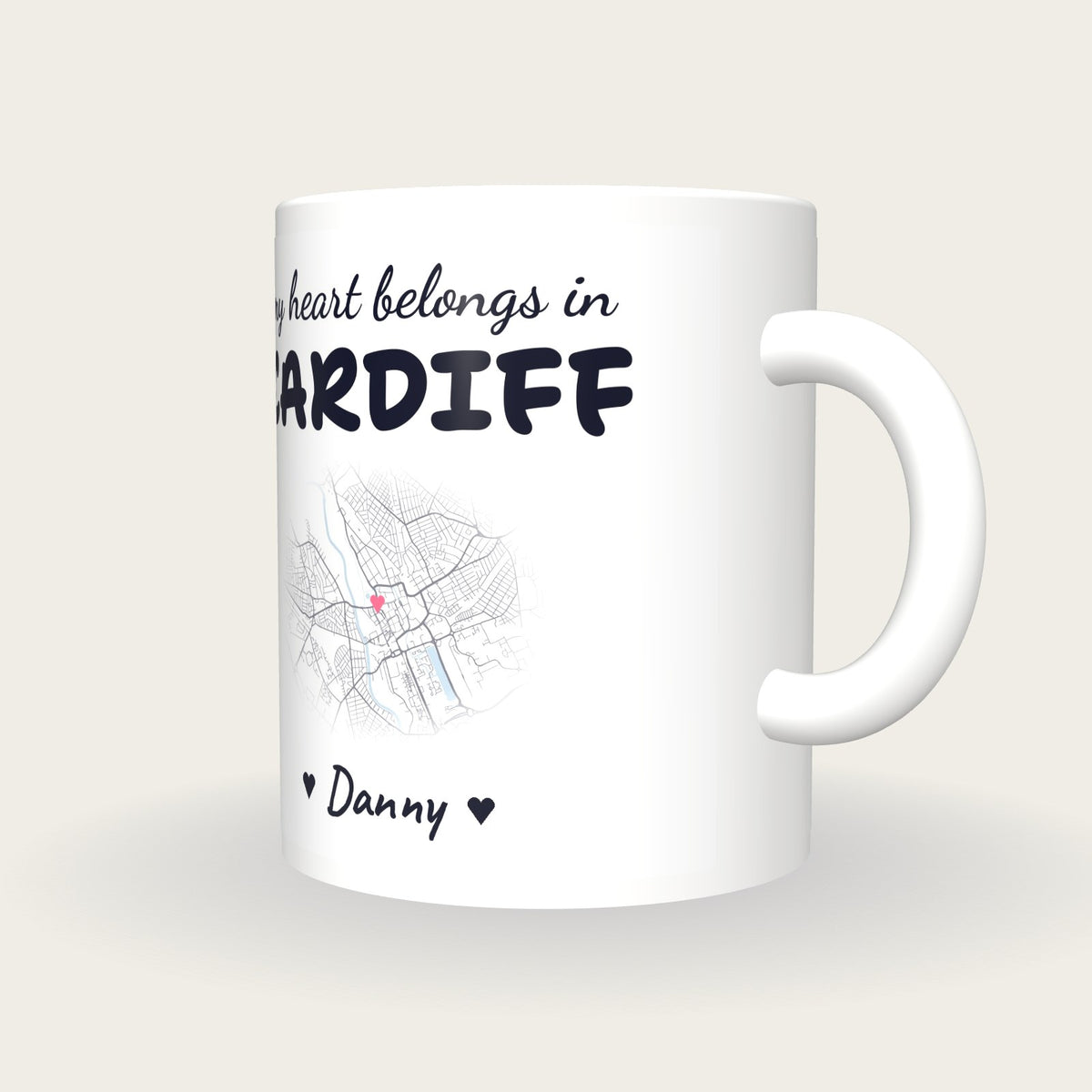Personalised Cardiff Map Mug, My Heart Belongs In Cardiff, three-quarter view
