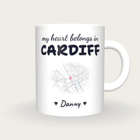 Personalised Cardiff Map Mug, My Heart Belongs In Cardiff, front