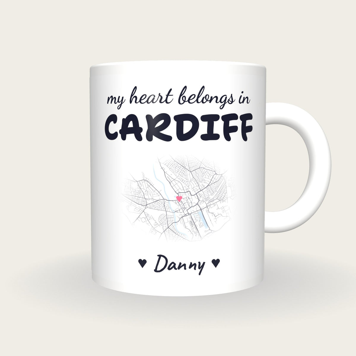 Personalised Cardiff Map Mug, My Heart Belongs In Cardiff, front