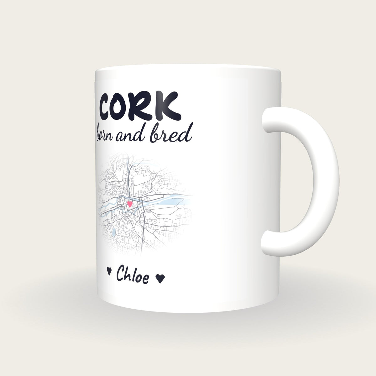 Personalised Cork Map Mug, Cork Born And Bred, three-quarter view