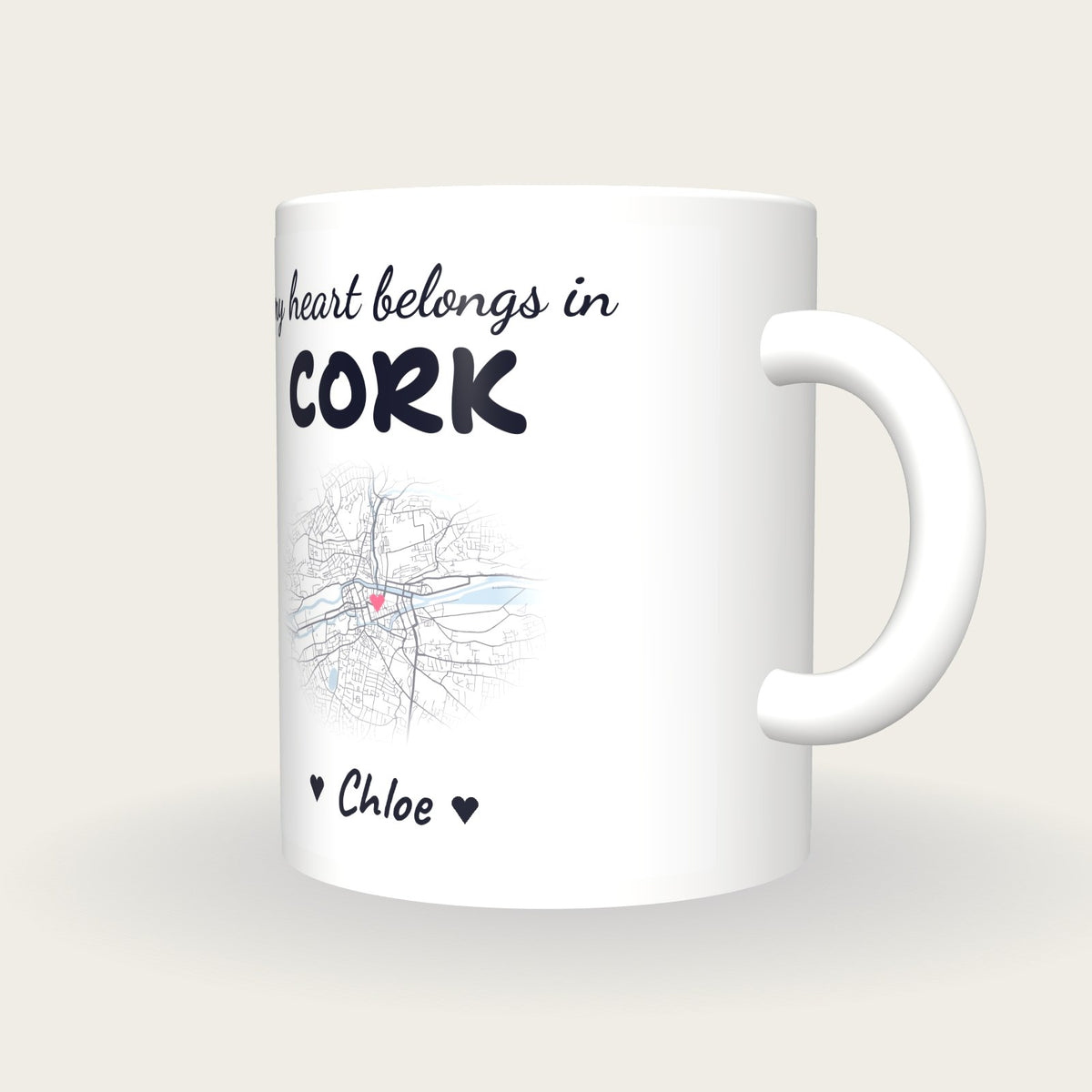 Personalised Cork Map Mug, My Heart Belongs In Cork, three-quarter view