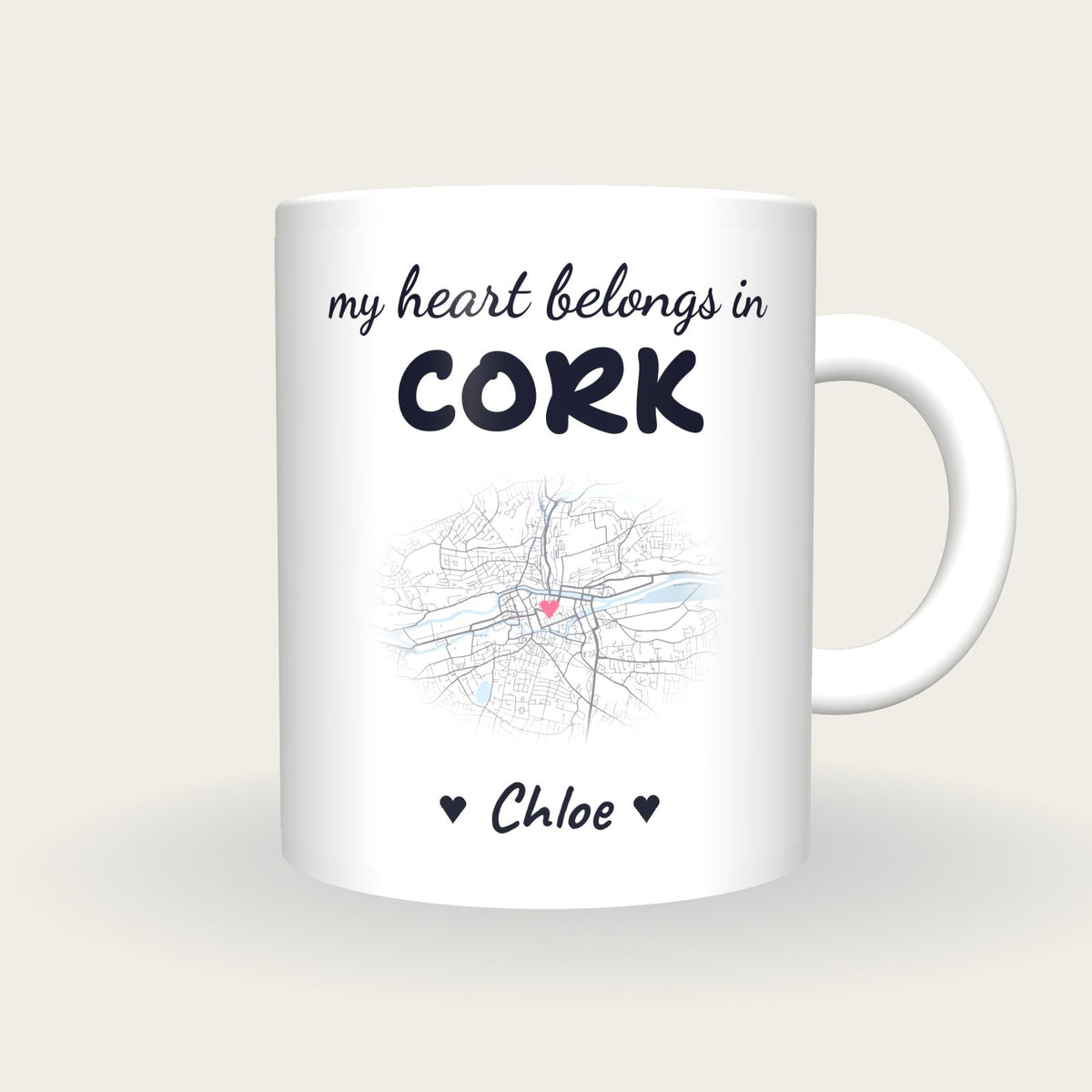 Personalised Cork Map Mug, My Heart Belongs In Cork, front