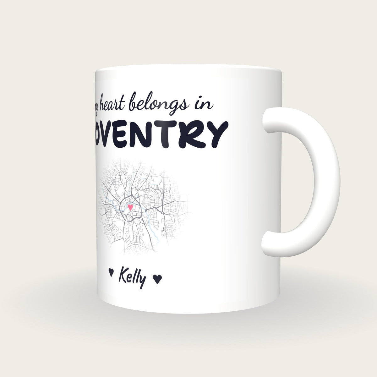 Personalised Coventry Map Mug, My Heart Belongs In Coventry, three-quarter view